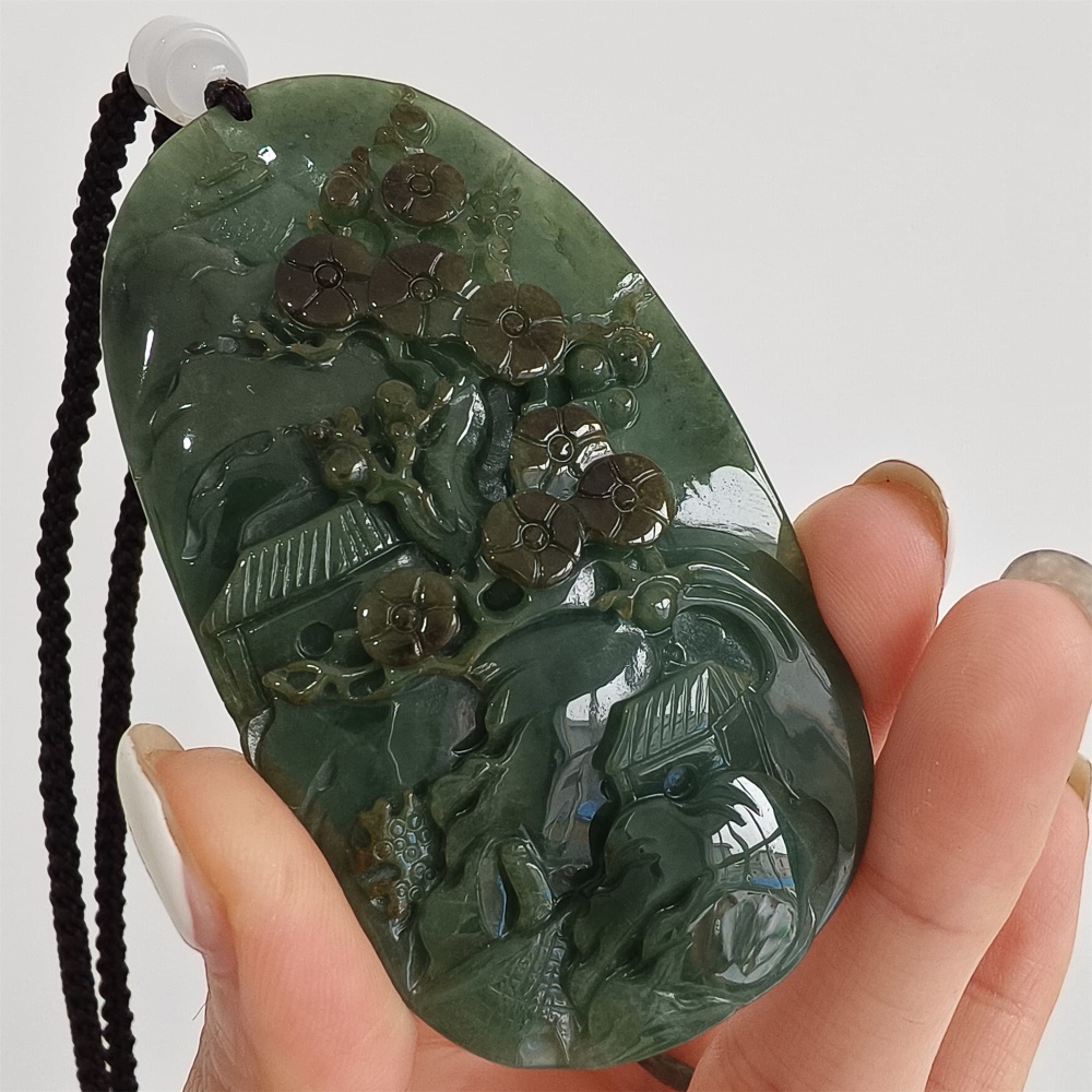 DDP | 75.5X42.6X9mm Natural Certificated Type A Icy Dark Green Burmese Jadeite Oval Pendant With Landscape Carved,DIY Jewelry Supplies