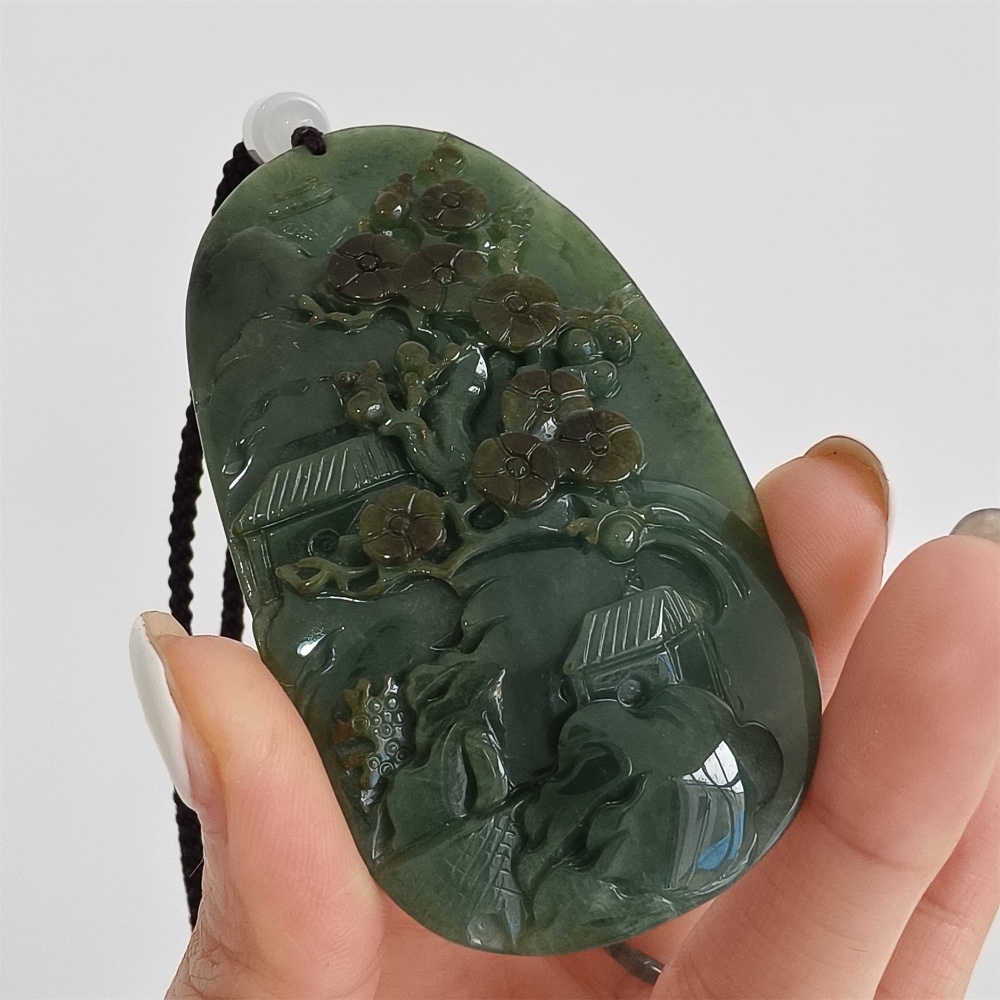DDP | 75.5X42.6X9mm Natural Certificated Type A Icy Dark Green Burmese Jadeite Oval Pendant With Landscape Carved,DIY Jewelry Supplies