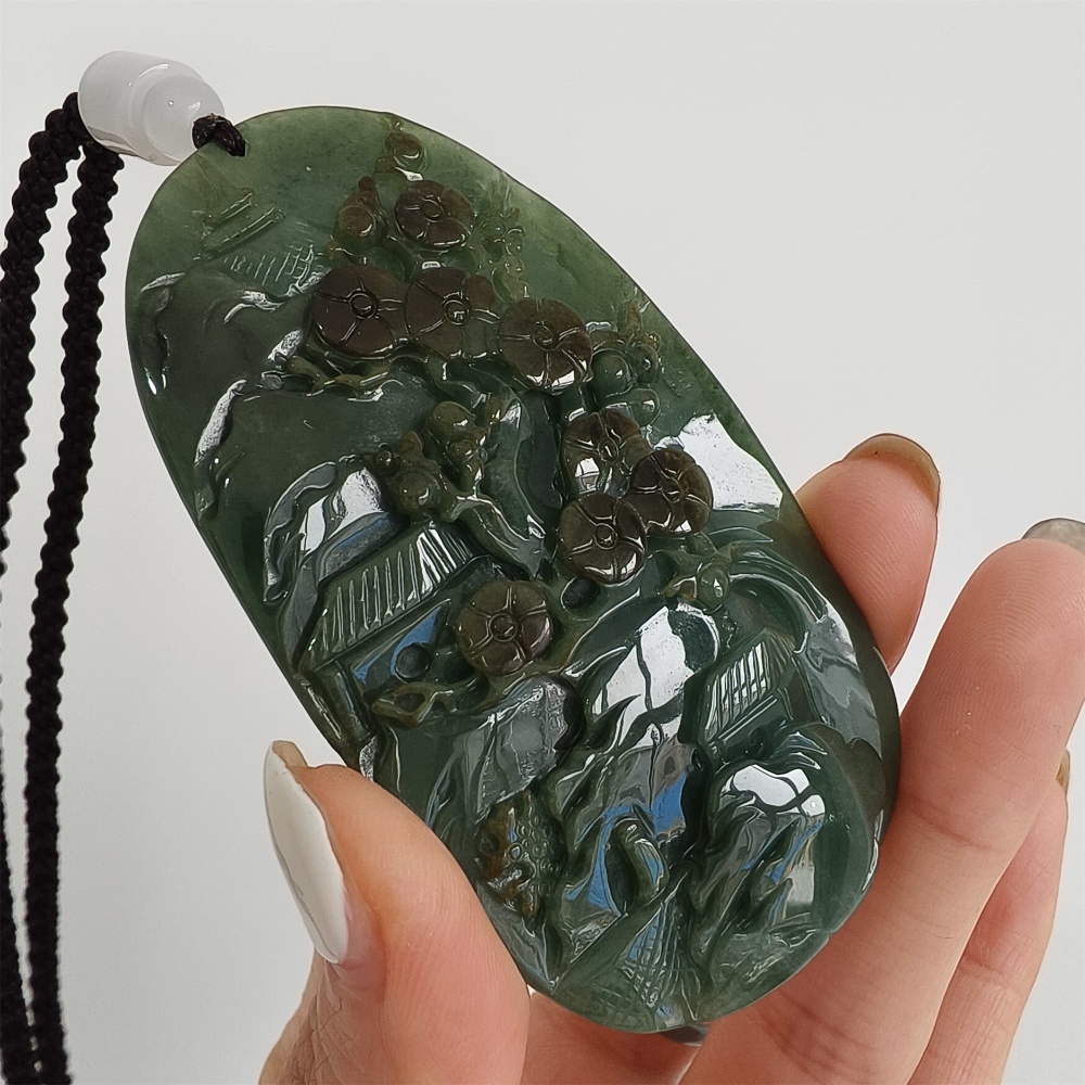 DDP | 75.5X42.6X9mm Natural Certificated Type A Icy Dark Green Burmese Jadeite Oval Pendant With Landscape Carved,DIY Jewelry Supplies