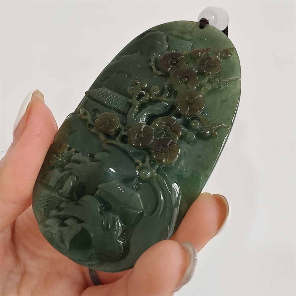 DDP | 75.5X42.6X9mm Natural Certificated Type A Icy Dark Green Burmese Jadeite Oval Pendant With Landscape Carved,DIY Jewelry Supplies