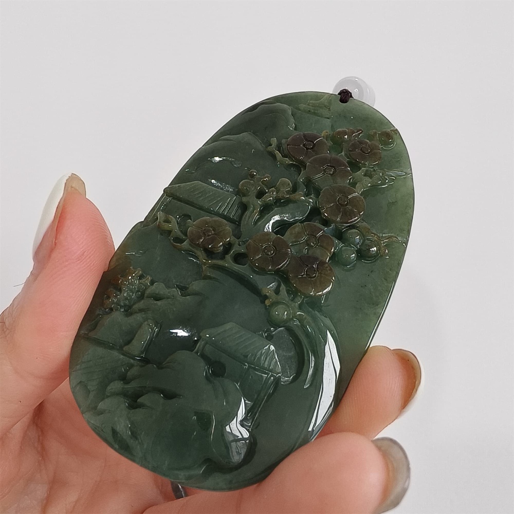 DDP | 75.5X42.6X9mm Natural Certificated Type A Icy Dark Green Burmese Jadeite Oval Pendant With Landscape Carved,DIY Jewelry Supplies