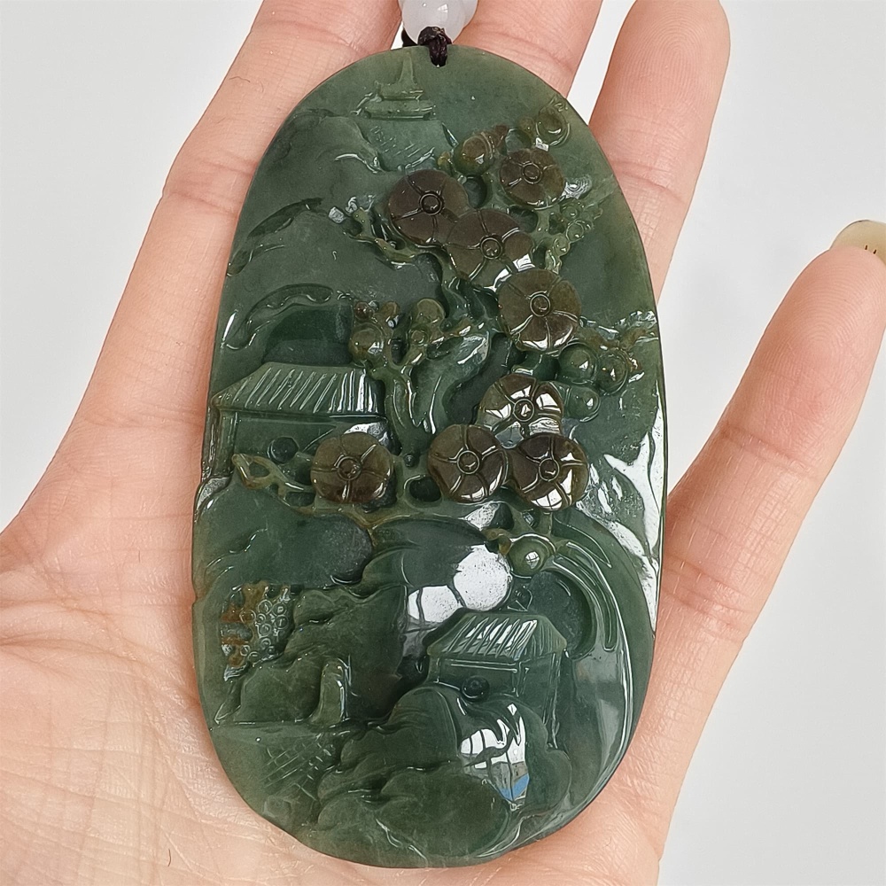 DDP | 75.5X42.6X9mm Natural Certificated Type A Icy Dark Green Burmese Jadeite Oval Pendant With Landscape Carved,DIY Jewelry Supplies