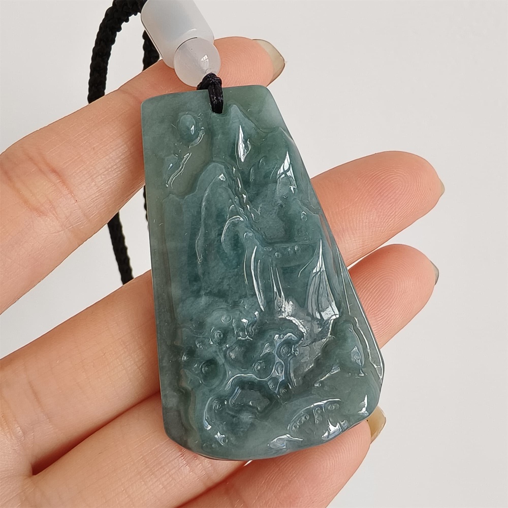DDP | 49.5X30X7mm Natural Certificated Type A Untreated Blue Watery Guatemalan Jadeite Hand Carved Trapezoid Landscape Pendant