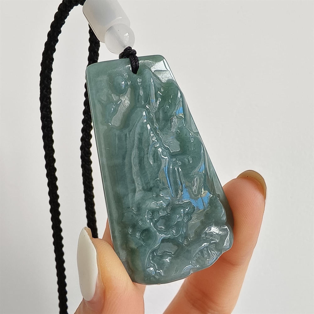 DDP | 49.5X30X7mm Natural Certificated Type A Untreated Blue Watery Guatemalan Jadeite Hand Carved Trapezoid Landscape Pendant