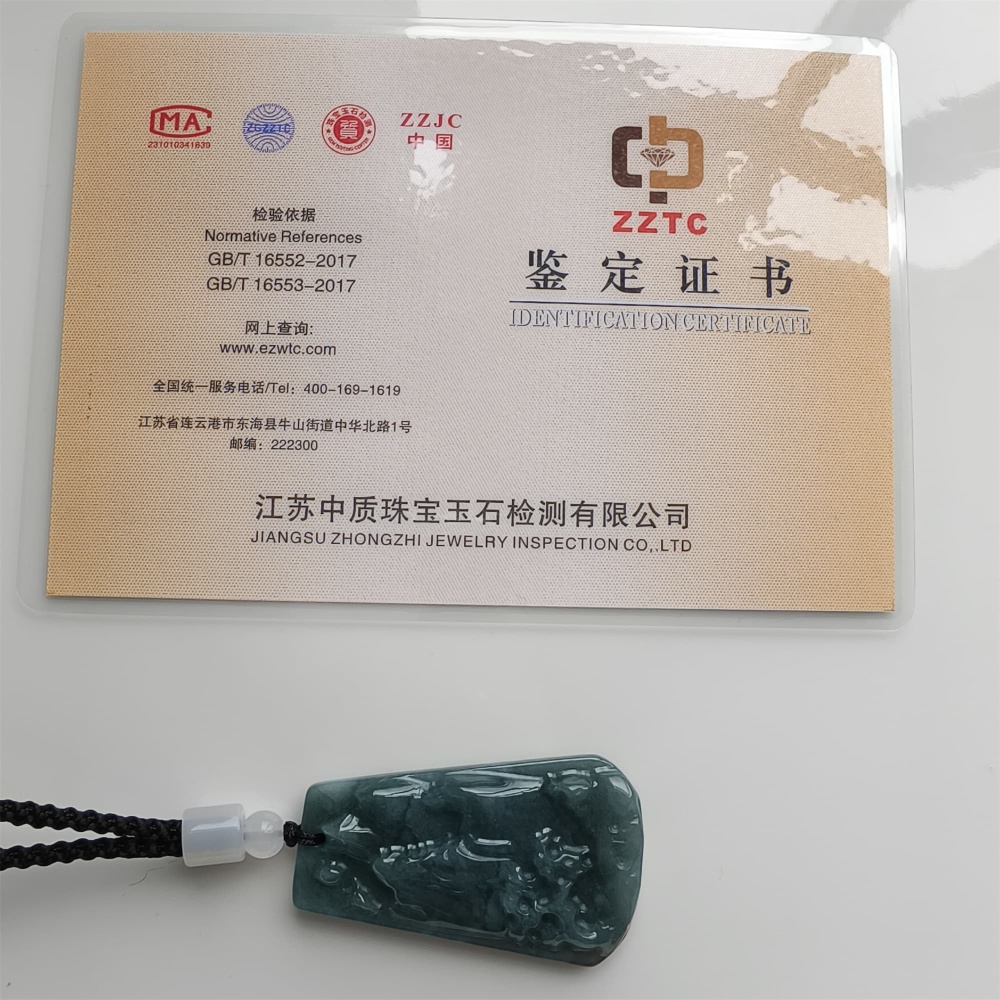 DDP | 49.5X30X7mm Natural Certificated Type A Untreated Blue Watery Guatemalan Jadeite Hand Carved Trapezoid Landscape Pendant