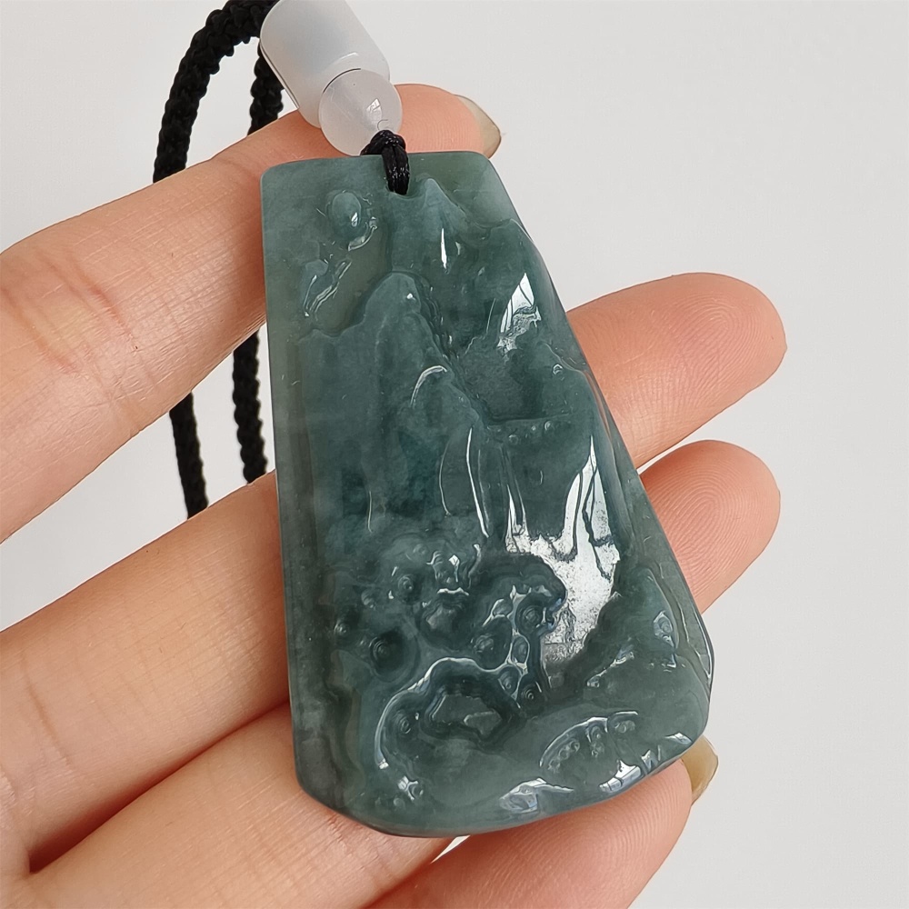 DDP | 49.5X30X7mm Natural Certificated Type A Untreated Blue Watery Guatemalan Jadeite Hand Carved Trapezoid Landscape Pendant
