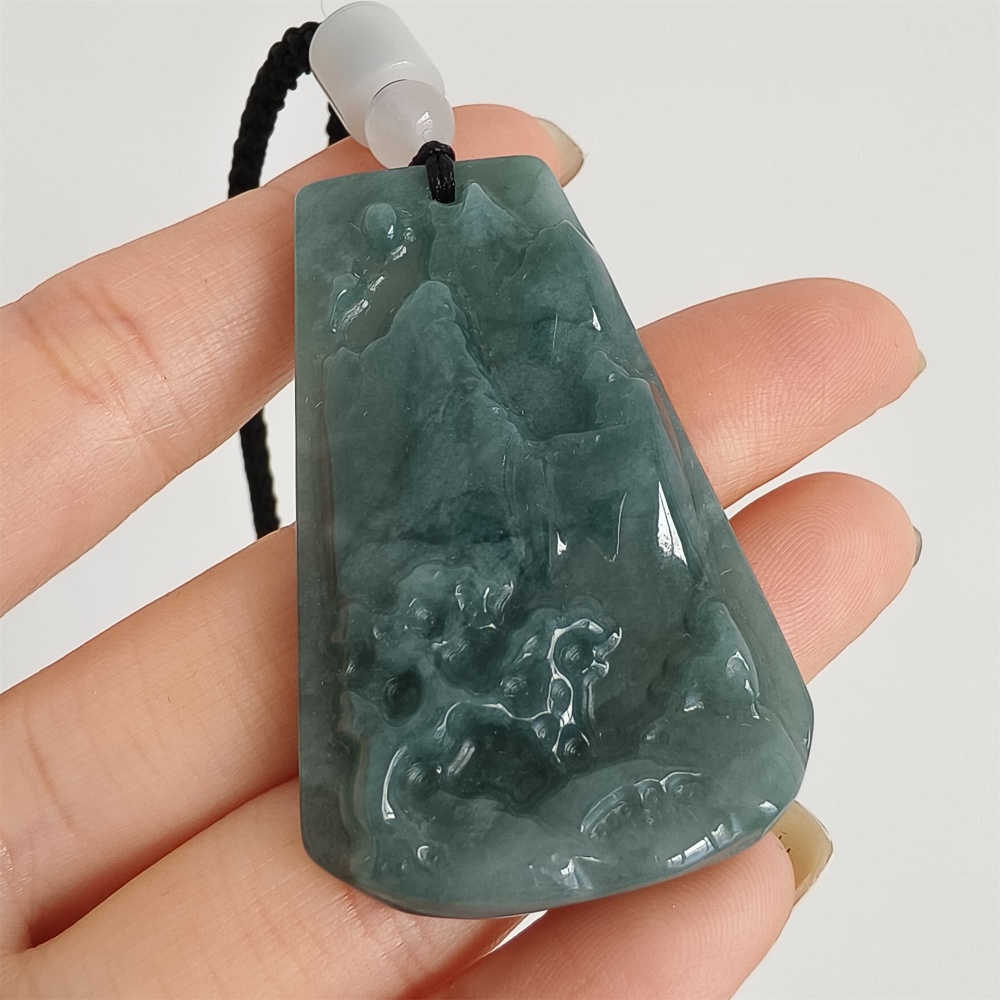 DDP | 49.5X30X7mm Natural Certificated Type A Untreated Blue Watery Guatemalan Jadeite Hand Carved Trapezoid Landscape Pendant