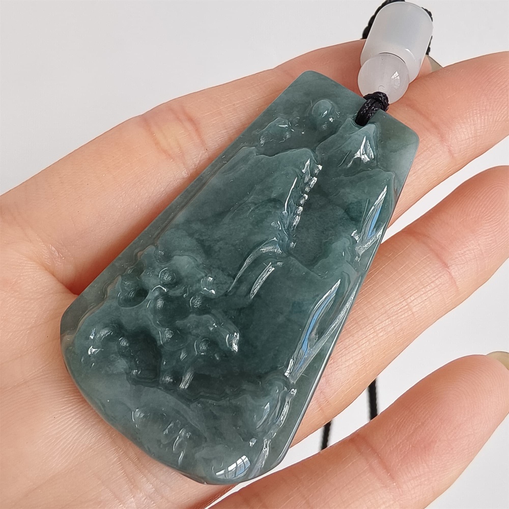 DDP | 49.5X30X7mm Natural Certificated Type A Untreated Blue Watery Guatemalan Jadeite Hand Carved Trapezoid Landscape Pendant
