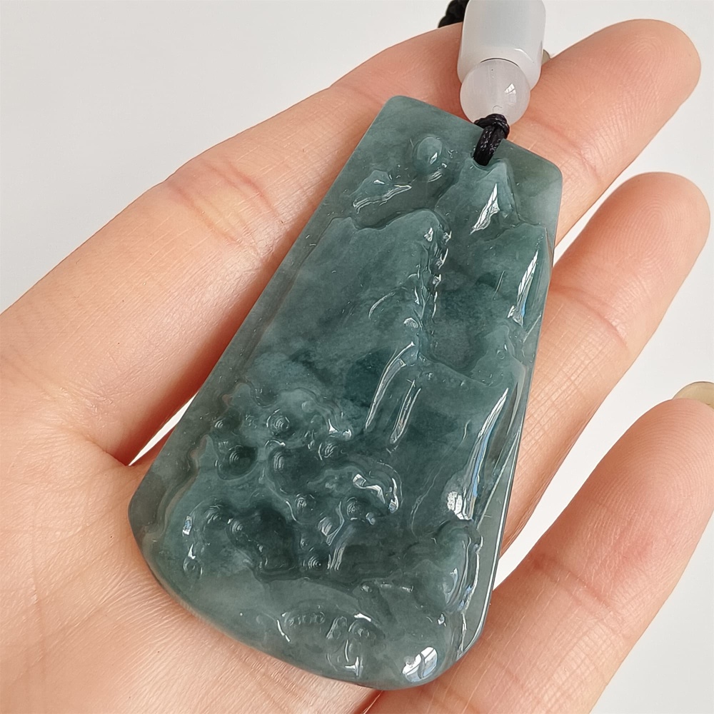 DDP | 49.5X30X7mm Natural Certificated Type A Untreated Blue Watery Guatemalan Jadeite Hand Carved Trapezoid Landscape Pendant