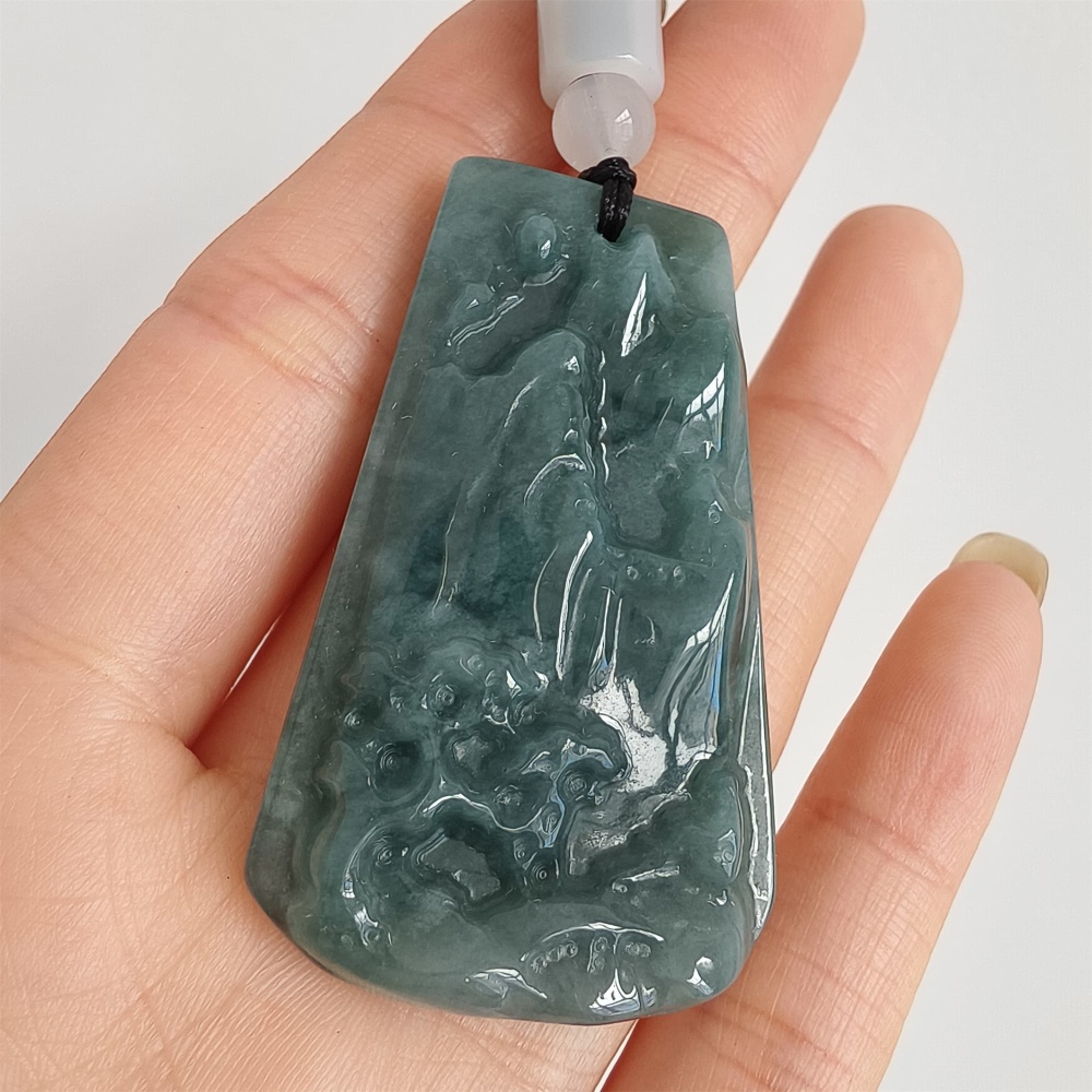 DDP | 49.5X30X7mm Natural Certificated Type A Untreated Blue Watery Guatemalan Jadeite Hand Carved Trapezoid Landscape Pendant