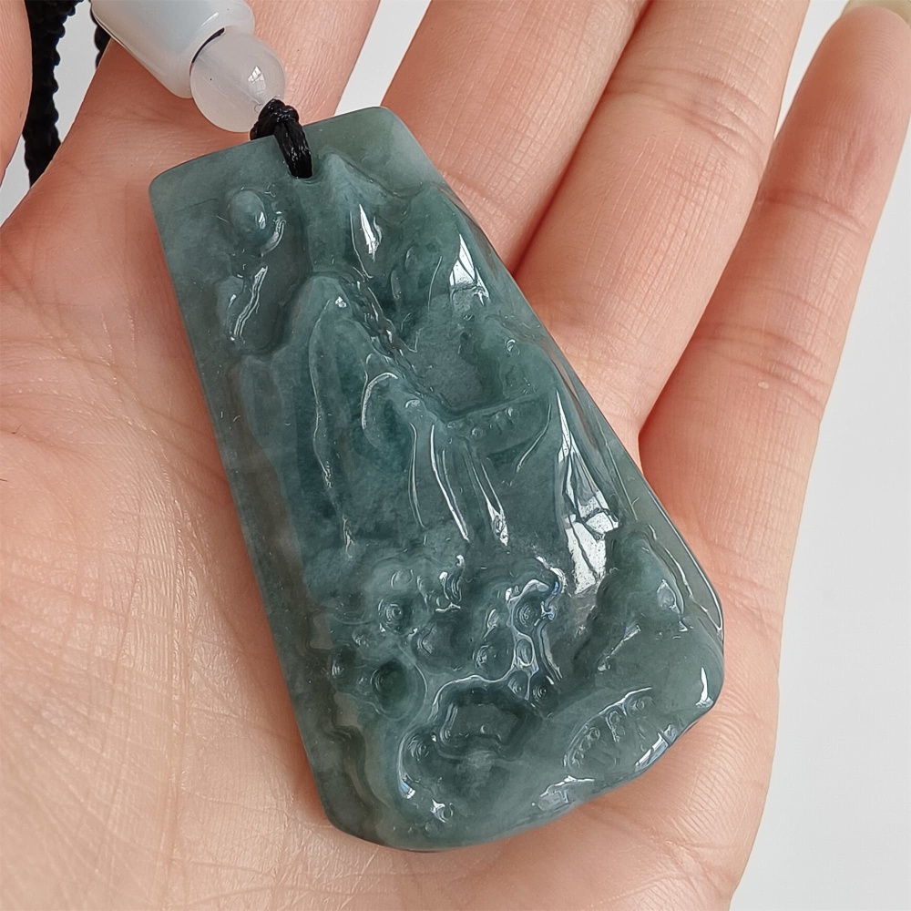 DDP | 49.5X30X7mm Natural Certificated Type A Untreated Blue Watery Guatemalan Jadeite Hand Carved Trapezoid Landscape Pendant