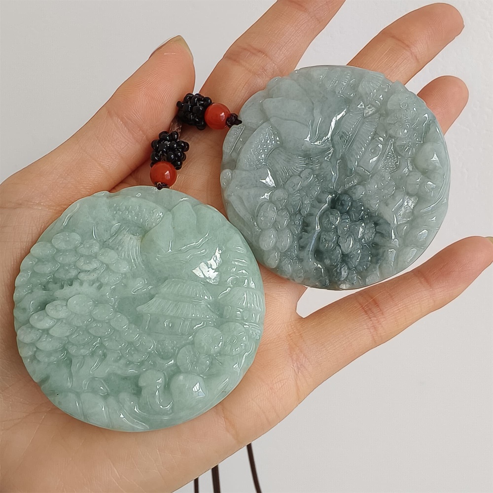DDP | Natural Certificated Type A Green Burmese Jadeite Round Pendant With Landscape Carved,Amulet Pendant,DIY Jewelry Supplies
