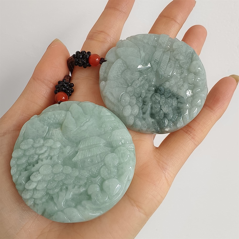 DDP | Natural Certificated Type A Green Burmese Jadeite Round Pendant With Landscape Carved,Amulet Pendant,DIY Jewelry Supplies