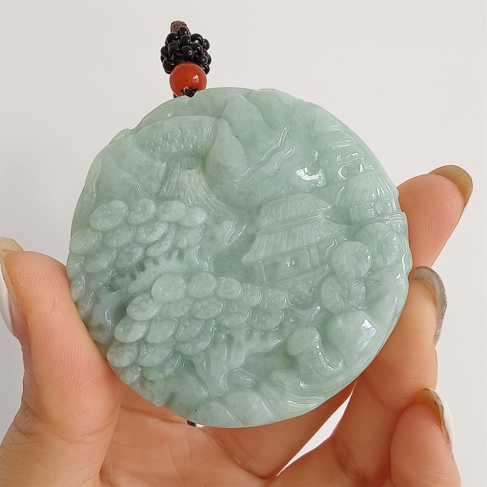DDP | Natural Certificated Type A Green Burmese Jadeite Round Pendant With Landscape Carved,Amulet Pendant,DIY Jewelry Supplies