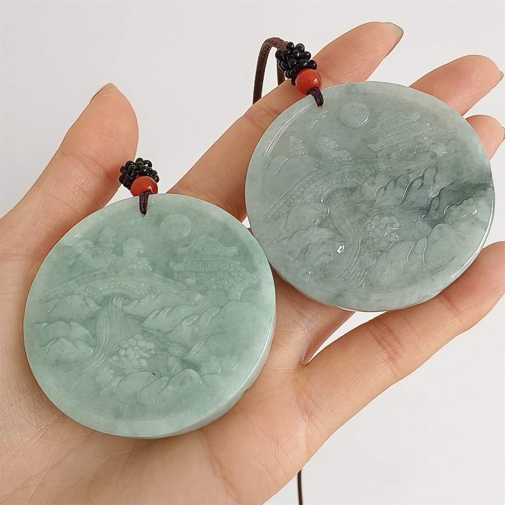 DDP | Natural Certificated Type A Green Burmese Jadeite Round Pendant With Landscape Carved,Amulet Pendant,DIY Jewelry Supplies