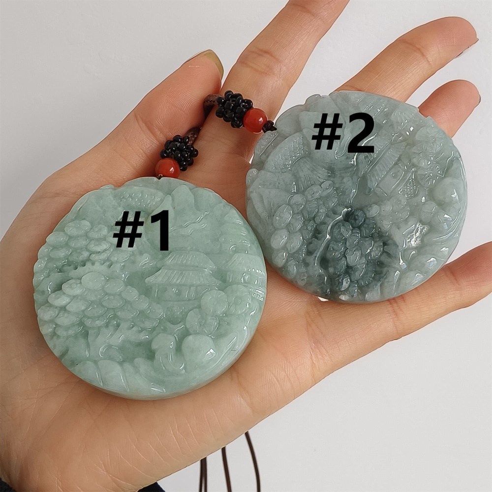 DDP | Natural Certificated Type A Green Burmese Jadeite Round Pendant With Landscape Carved,Amulet Pendant,DIY Jewelry Supplies
