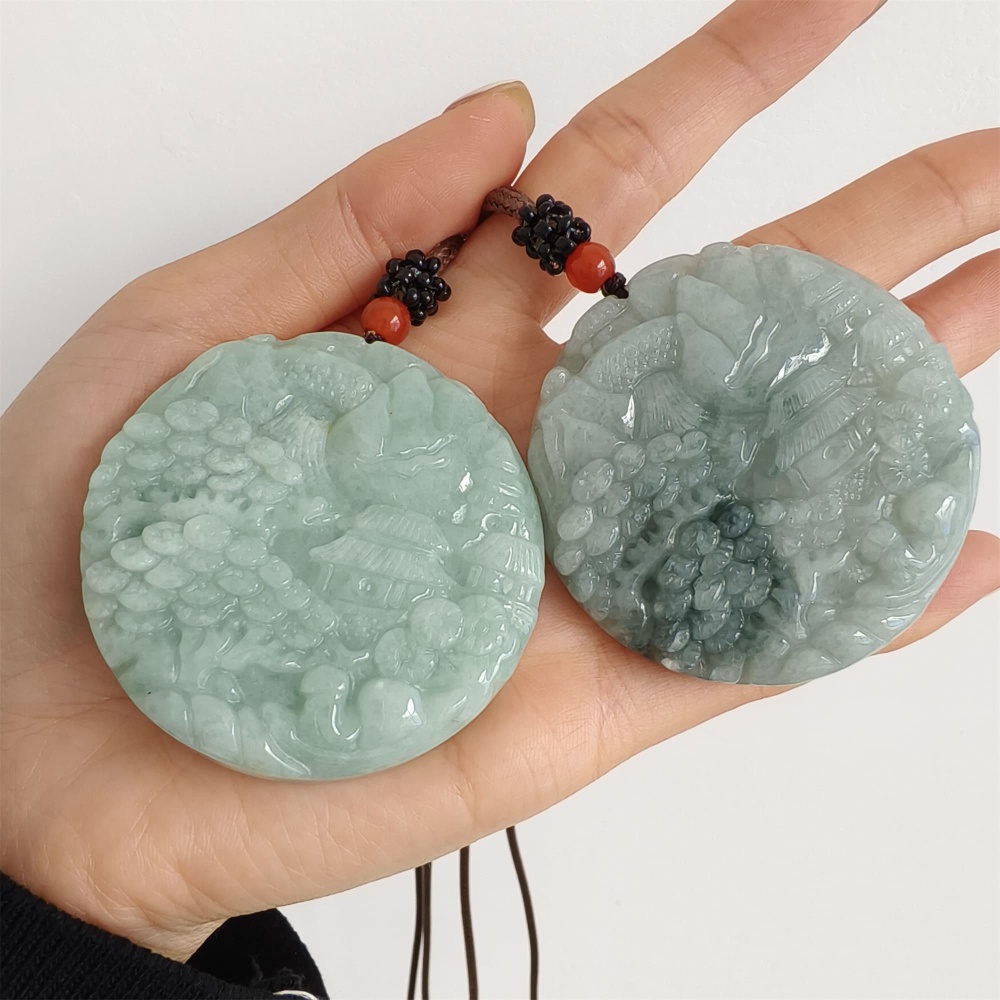 DDP | Natural Certificated Type A Green Burmese Jadeite Round Pendant With Landscape Carved,Amulet Pendant,DIY Jewelry Supplies