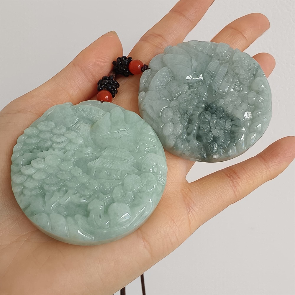 DDP | Natural Certificated Type A Green Burmese Jadeite Round Pendant With Landscape Carved,Amulet Pendant,DIY Jewelry Supplies