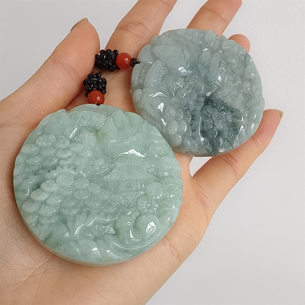 DDP | Natural Certificated Type A Green Burmese Jadeite Round Pendant With Landscape Carved,Amulet Pendant,DIY Jewelry Supplies