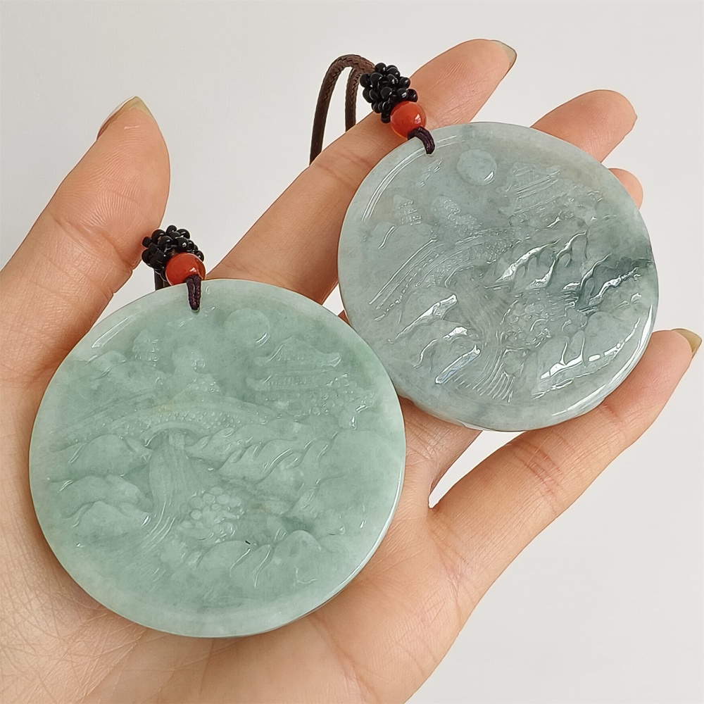 DDP | Natural Certificated Type A Green Burmese Jadeite Round Pendant With Landscape Carved,Amulet Pendant,DIY Jewelry Supplies