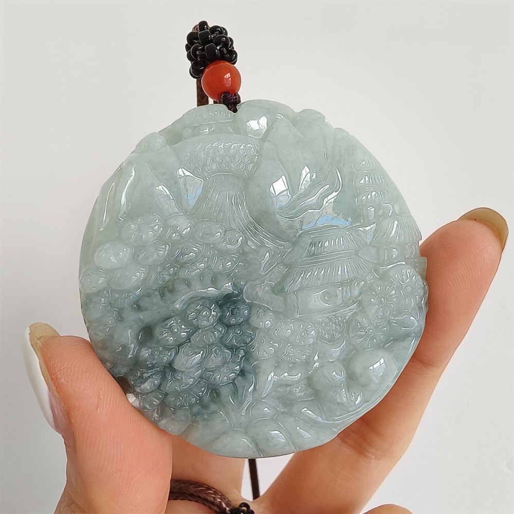 DDP | Natural Certificated Type A Green Burmese Jadeite Round Pendant With Landscape Carved,Amulet Pendant,DIY Jewelry Supplies