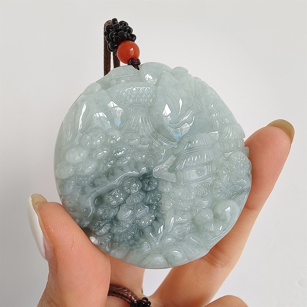 DDP | Natural Certificated Type A Green Burmese Jadeite Round Pendant With Landscape Carved,Amulet Pendant,DIY Jewelry Supplies