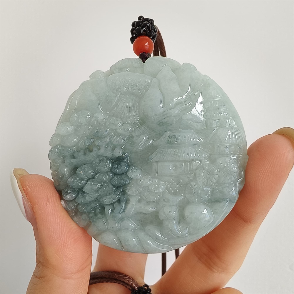 DDP | Natural Certificated Type A Green Burmese Jadeite Round Pendant With Landscape Carved,Amulet Pendant,DIY Jewelry Supplies
