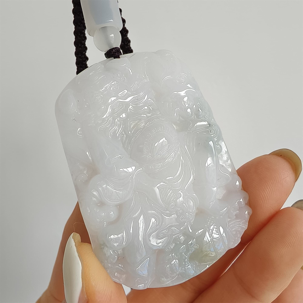 DDP | 52X38.5X6mm Natural Type A Certificated Icy Light Green White Burmese Jadeite Buddha Rectangle Pendant With Zhong Kui Carved,Amulet Pendant,DIY Jewelry Supplies