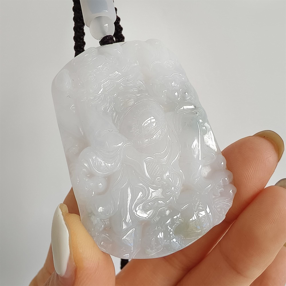DDP | 52X38.5X6mm Natural Type A Certificated Icy Light Green White Burmese Jadeite Buddha Rectangle Pendant With Zhong Kui Carved,Amulet Pendant,DIY Jewelry Supplies