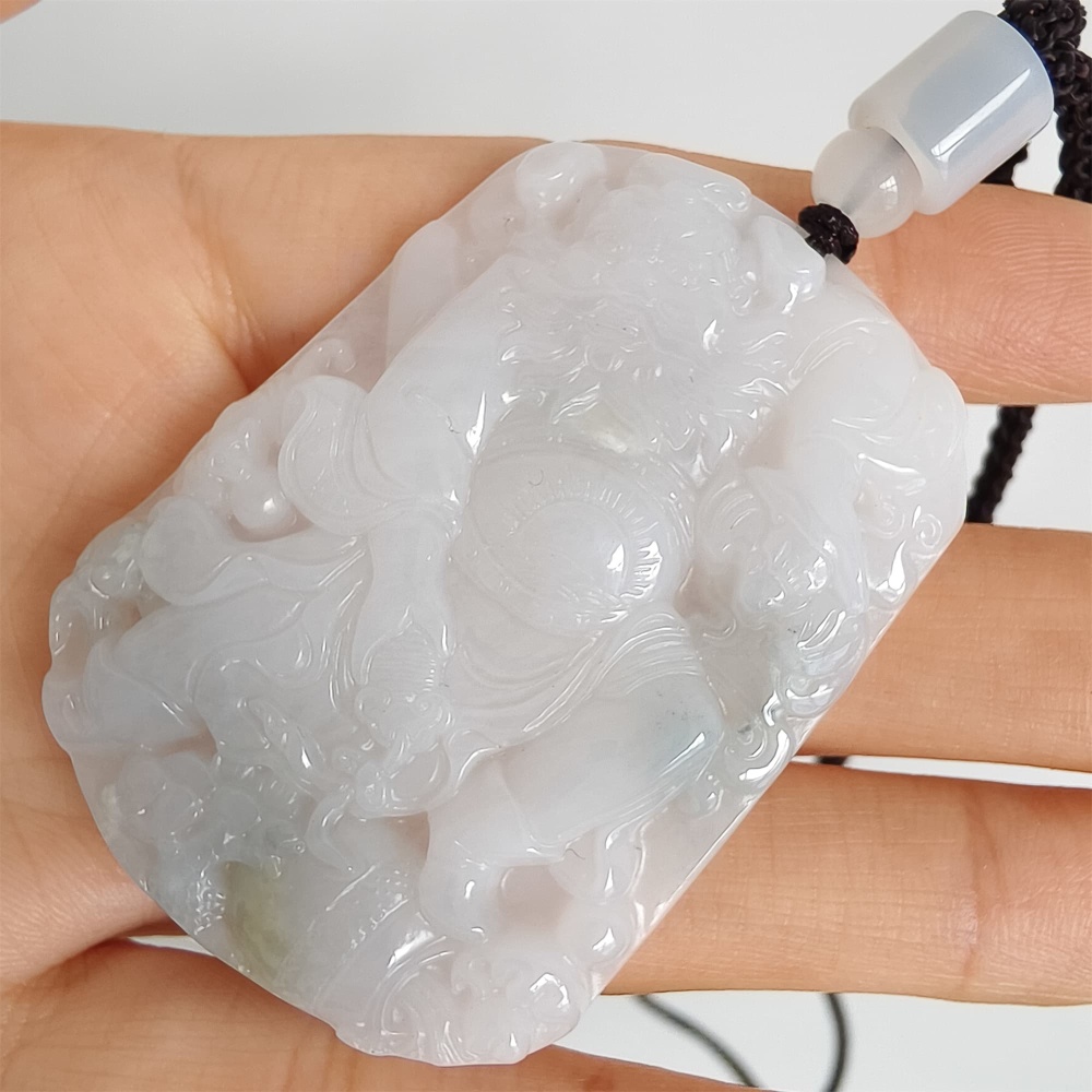 DDP | 52X38.5X6mm Natural Type A Certificated Icy Light Green White Burmese Jadeite Buddha Rectangle Pendant With Zhong Kui Carved,Amulet Pendant,DIY Jewelry Supplies
