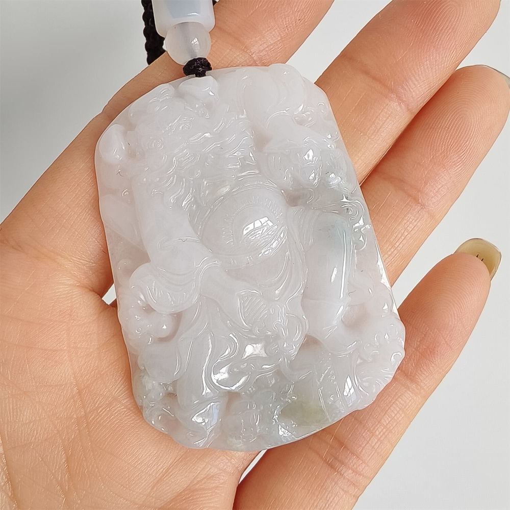 DDP | 52X38.5X6mm Natural Type A Certificated Icy Light Green White Burmese Jadeite Buddha Rectangle Pendant With Zhong Kui Carved,Amulet Pendant,DIY Jewelry Supplies