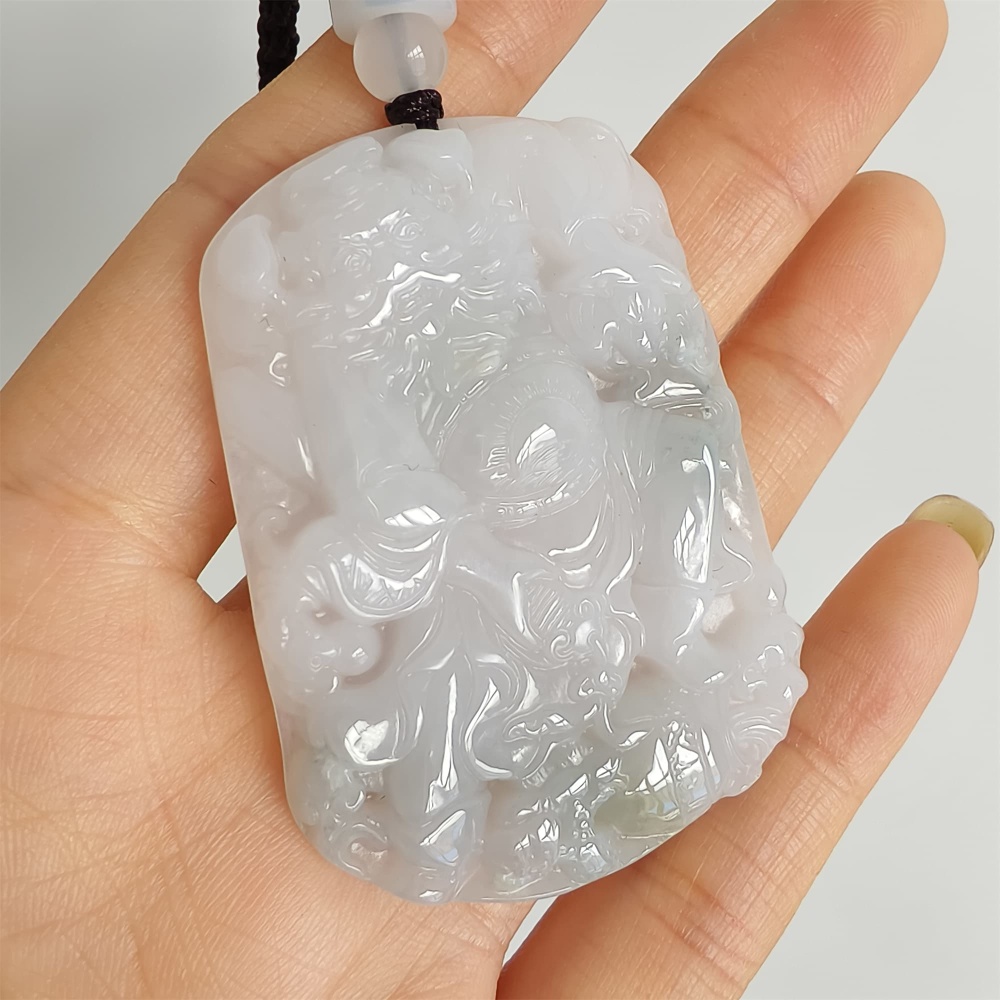 DDP | 52X38.5X6mm Natural Type A Certificated Icy Light Green White Burmese Jadeite Buddha Rectangle Pendant With Zhong Kui Carved,Amulet Pendant,DIY Jewelry Supplies
