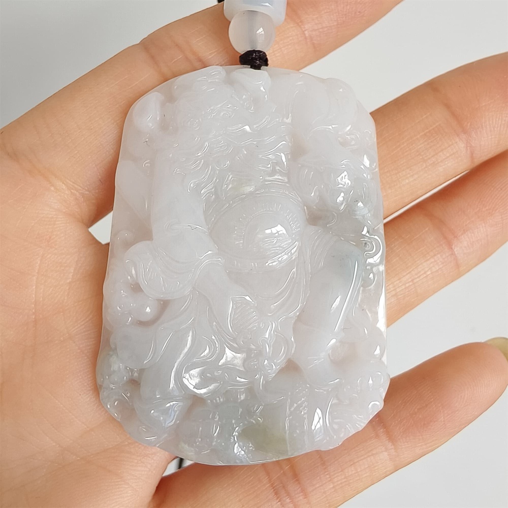 DDP | 52X38.5X6mm Natural Type A Certificated Icy Light Green White Burmese Jadeite Buddha Rectangle Pendant With Zhong Kui Carved,Amulet Pendant,DIY Jewelry Supplies