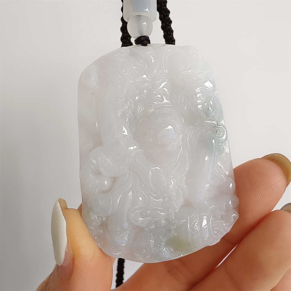 DDP | 52X38.5X6mm Natural Type A Certificated Icy Light Green White Burmese Jadeite Buddha Rectangle Pendant With Zhong Kui Carved,Amulet Pendant,DIY Jewelry Supplies