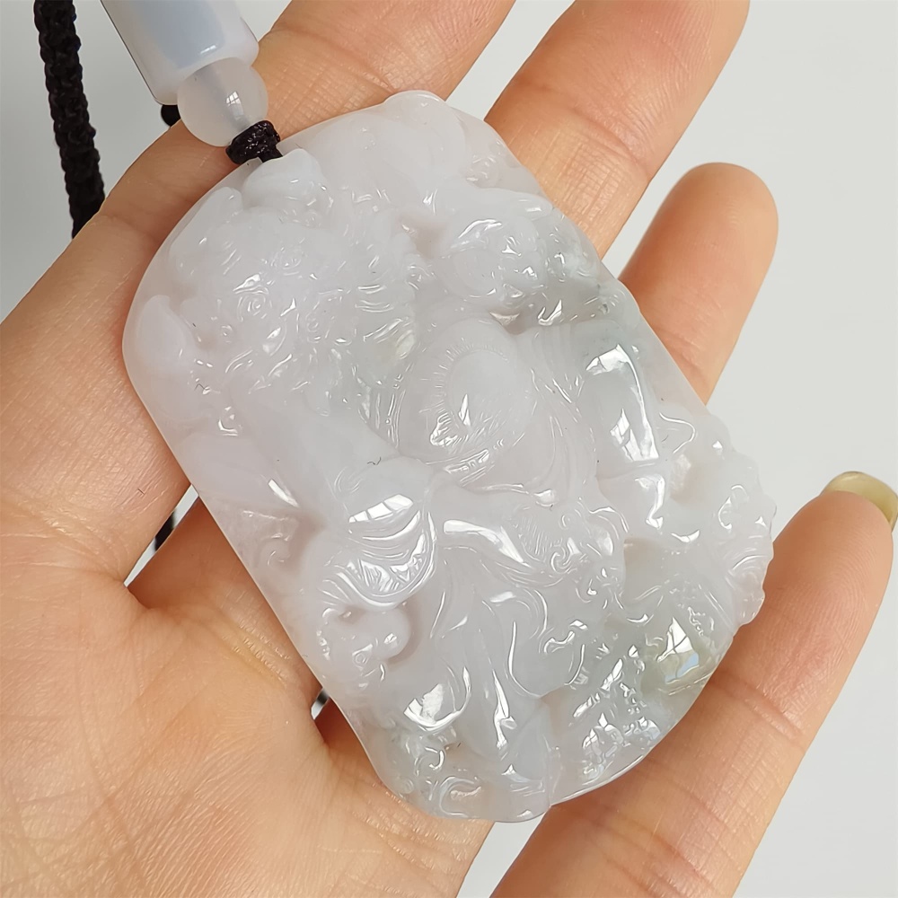 DDP | 52X38.5X6mm Natural Type A Certificated Icy Light Green White Burmese Jadeite Buddha Rectangle Pendant With Zhong Kui Carved,Amulet Pendant,DIY Jewelry Supplies