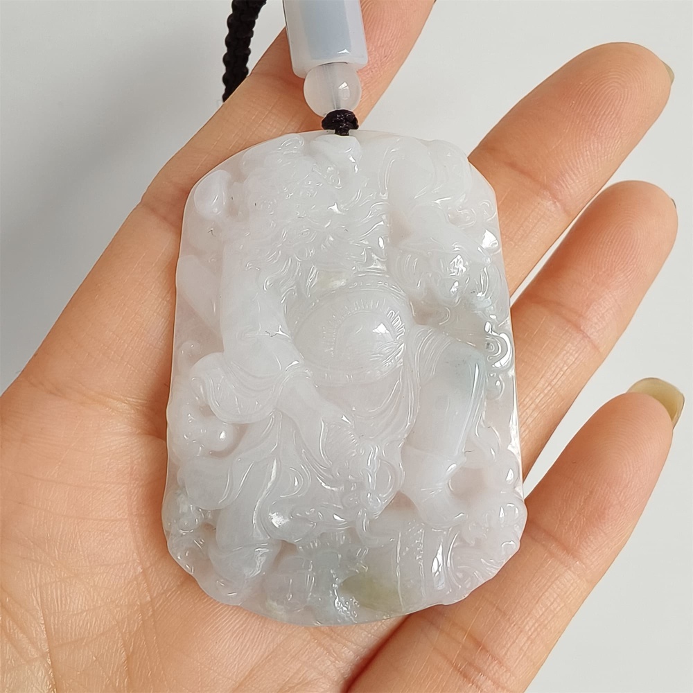 DDP | 52X38.5X6mm Natural Type A Certificated Icy Light Green White Burmese Jadeite Buddha Rectangle Pendant With Zhong Kui Carved,Amulet Pendant,DIY Jewelry Supplies