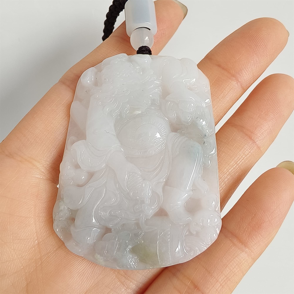 DDP | 52X38.5X6mm Natural Type A Certificated Icy Light Green White Burmese Jadeite Buddha Rectangle Pendant With Zhong Kui Carved,Amulet Pendant,DIY Jewelry Supplies