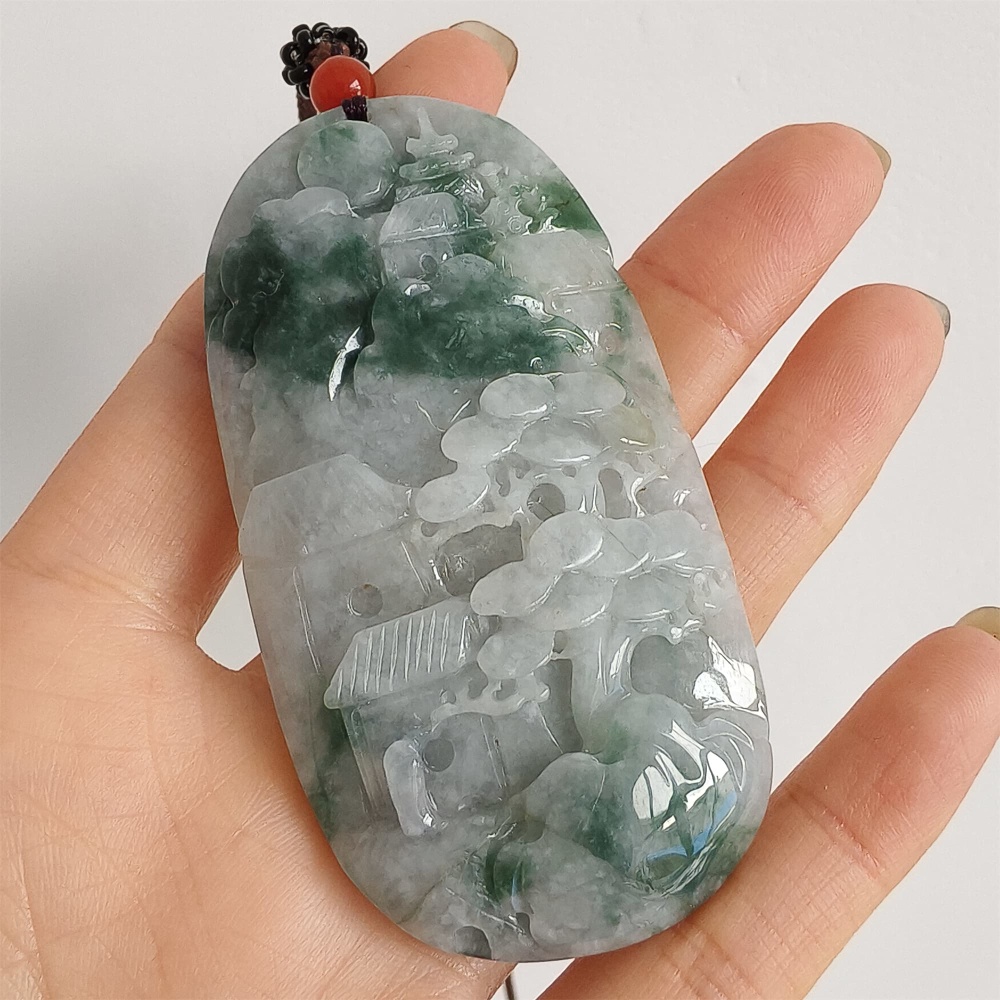 DDP | 72.6X38X10.6mm Natural Certificated Type A Icy Green Burmese Jadeite Oval Pendant With Landscape Carved,DIY Jewelry Supplies