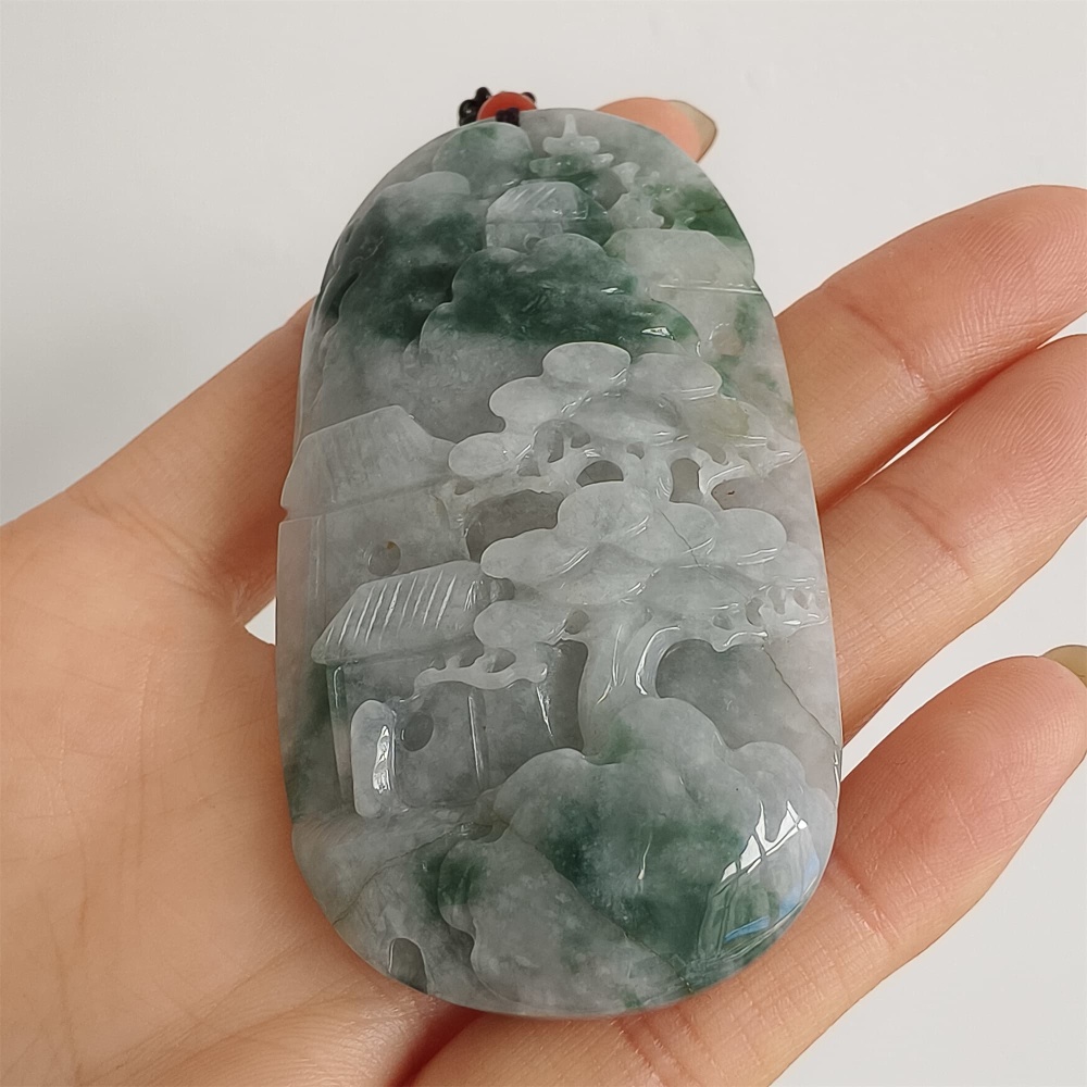 DDP | 72.6X38X10.6mm Natural Certificated Type A Icy Green Burmese Jadeite Oval Pendant With Landscape Carved,DIY Jewelry Supplies