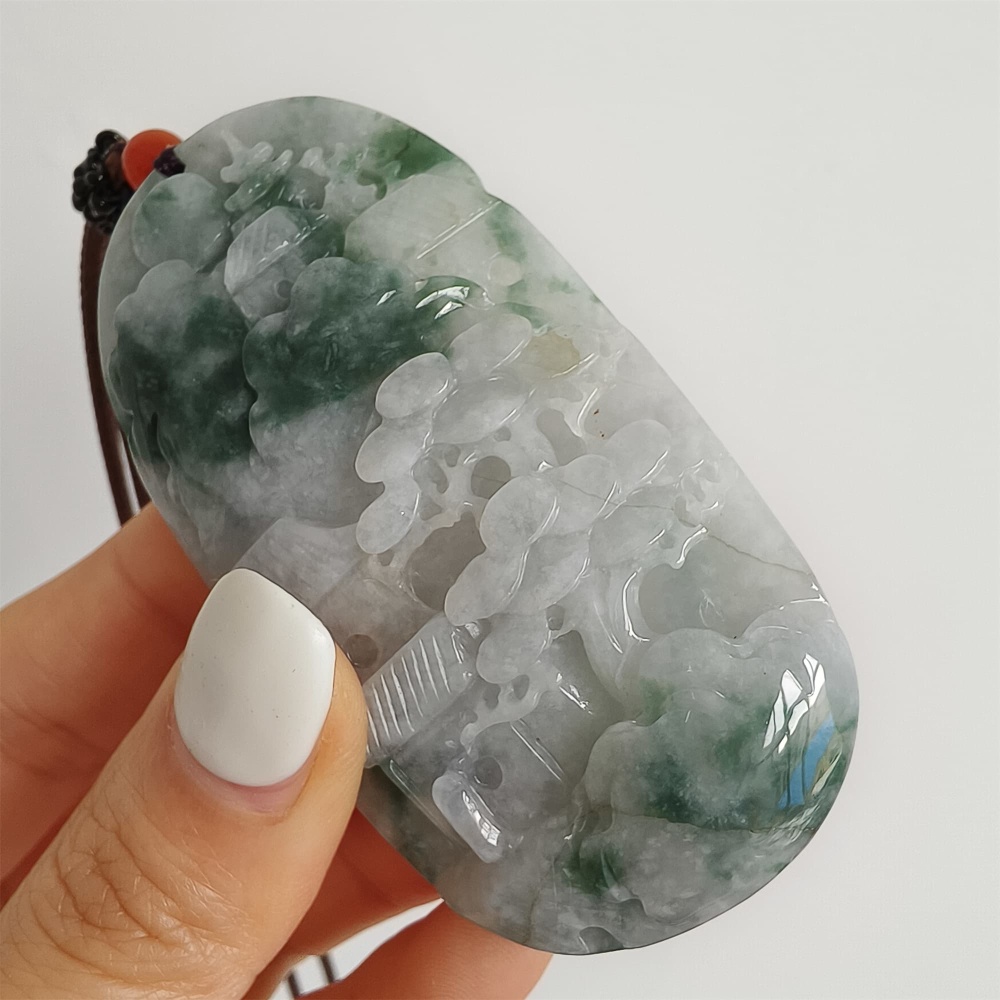 DDP | 72.6X38X10.6mm Natural Certificated Type A Icy Green Burmese Jadeite Oval Pendant With Landscape Carved,DIY Jewelry Supplies