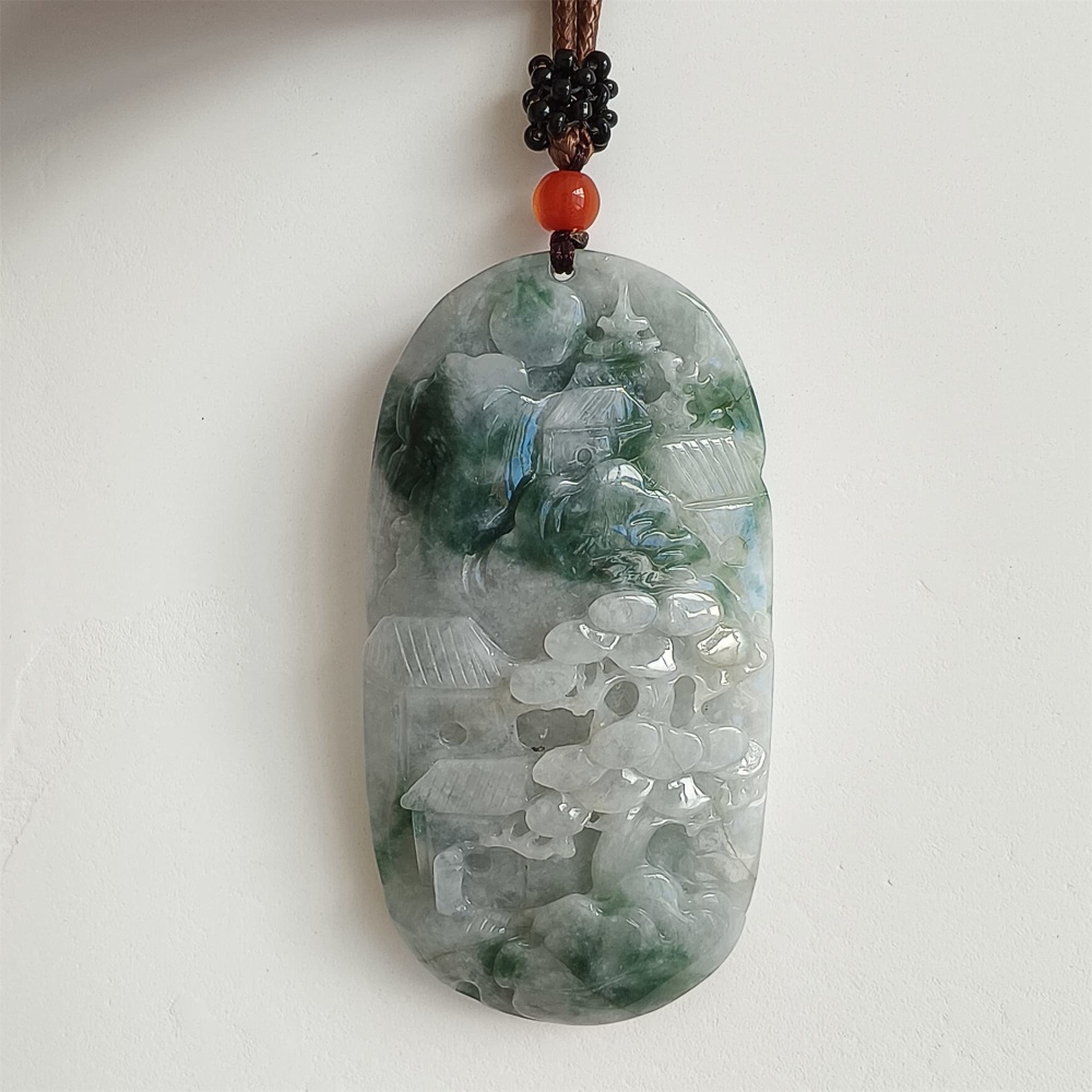 DDP | 72.6X38X10.6mm Natural Certificated Type A Icy Green Burmese Jadeite Oval Pendant With Landscape Carved,DIY Jewelry Supplies