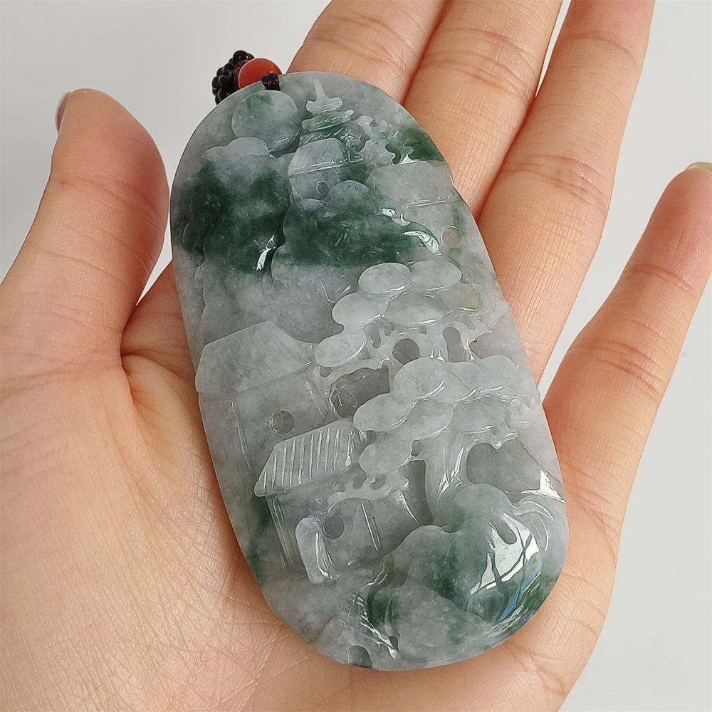 DDP | 72.6X38X10.6mm Natural Certificated Type A Icy Green Burmese Jadeite Oval Pendant With Landscape Carved,DIY Jewelry Supplies