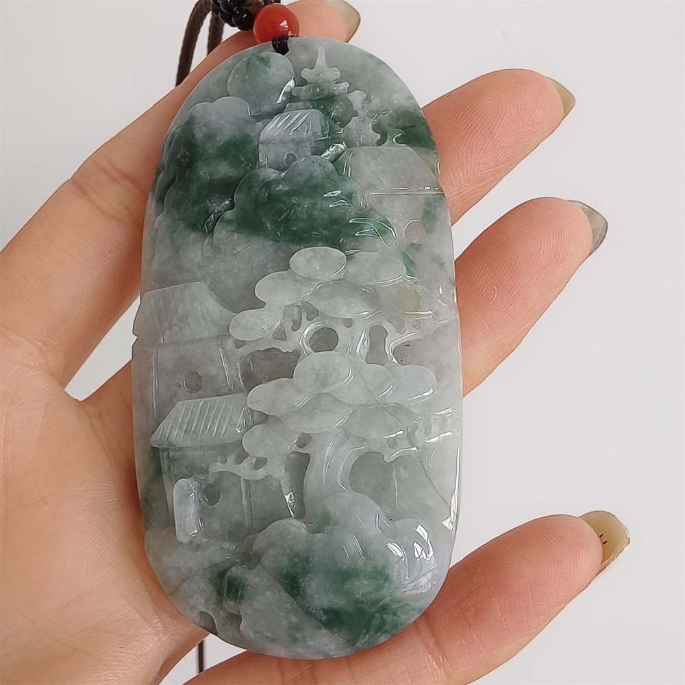 DDP | 72.6X38X10.6mm Natural Certificated Type A Icy Green Burmese Jadeite Oval Pendant With Landscape Carved,DIY Jewelry Supplies