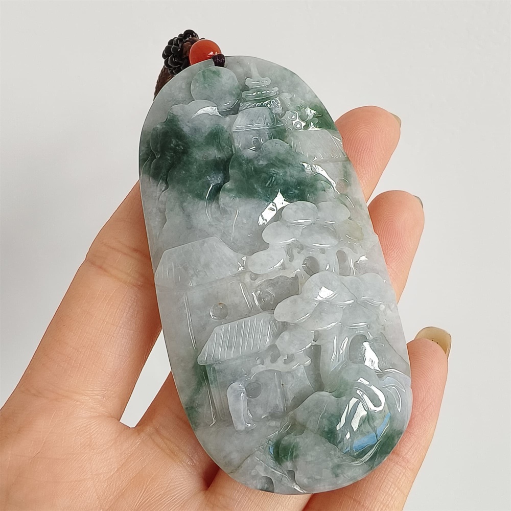 DDP | 72.6X38X10.6mm Natural Certificated Type A Icy Green Burmese Jadeite Oval Pendant With Landscape Carved,DIY Jewelry Supplies