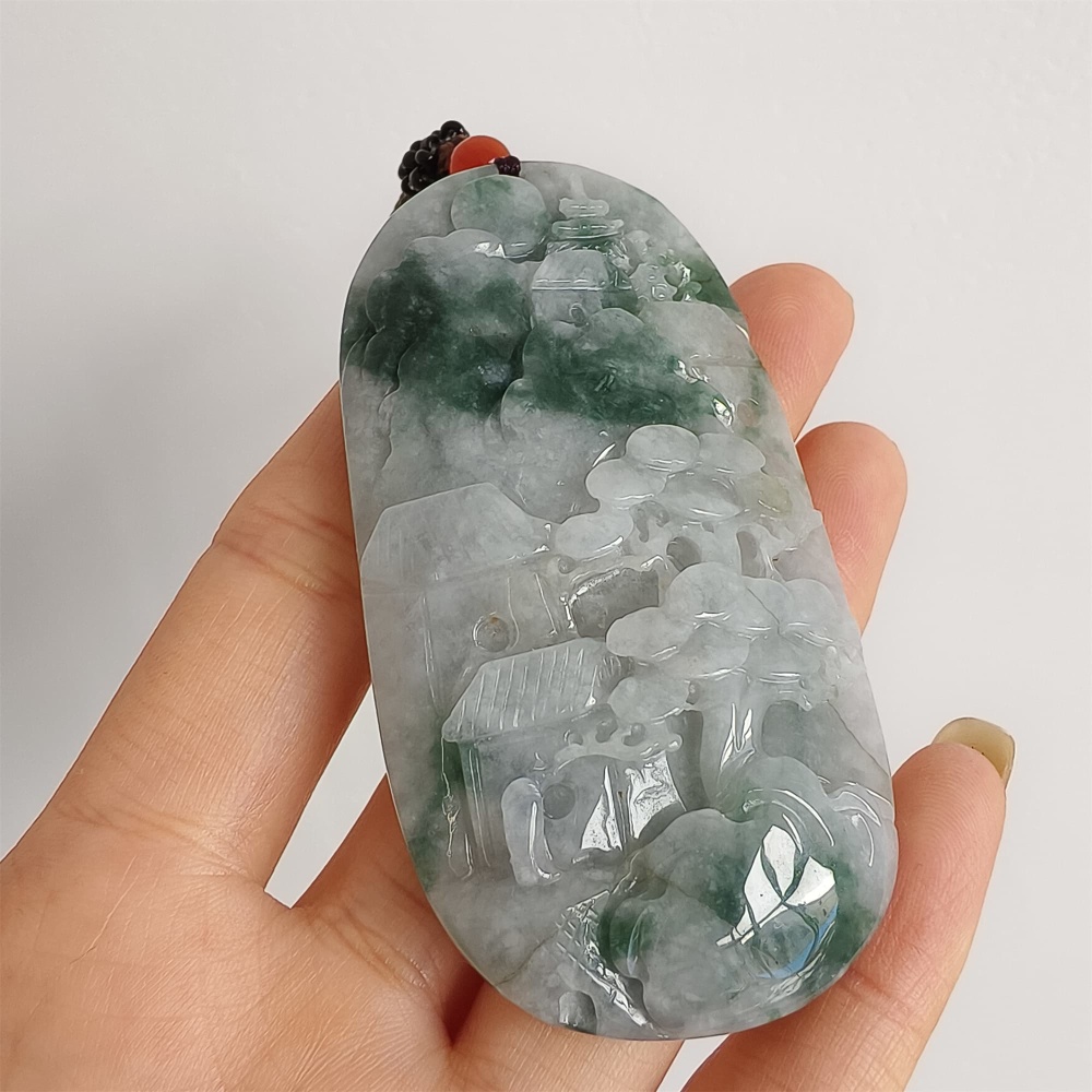 DDP | 72.6X38X10.6mm Natural Certificated Type A Icy Green Burmese Jadeite Oval Pendant With Landscape Carved,DIY Jewelry Supplies
