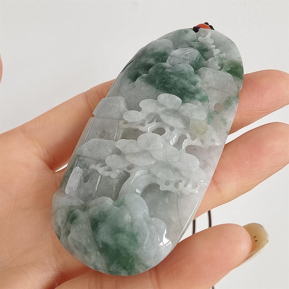 DDP | 72.6X38X10.6mm Natural Certificated Type A Icy Green Burmese Jadeite Oval Pendant With Landscape Carved,DIY Jewelry Supplies