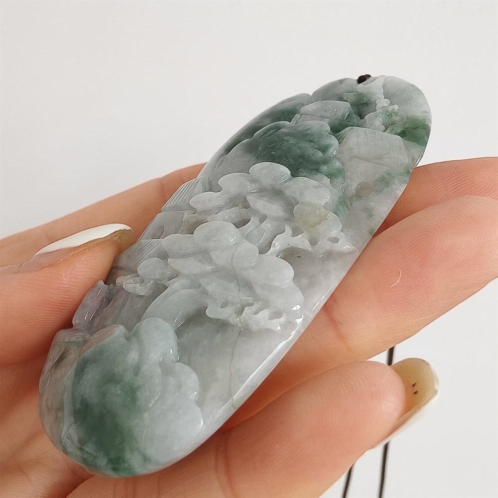 DDP | 72.6X38X10.6mm Natural Certificated Type A Icy Green Burmese Jadeite Oval Pendant With Landscape Carved,DIY Jewelry Supplies