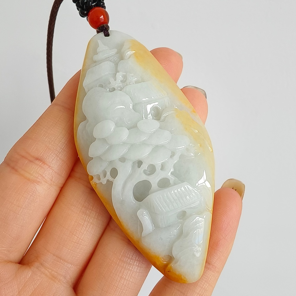 DDP | 69.4X33X14mm Natural Certificated Hand Carved Yellow Color Heated Burmese Jadeite Diamond Pendant With Landscape Carved,DIY Jewelry Supplies