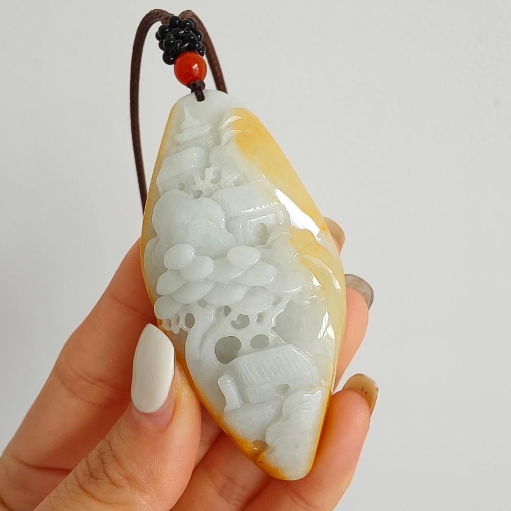 DDP | 69.4X33X14mm Natural Certificated Hand Carved Yellow Color Heated Burmese Jadeite Diamond Pendant With Landscape Carved,DIY Jewelry Supplies