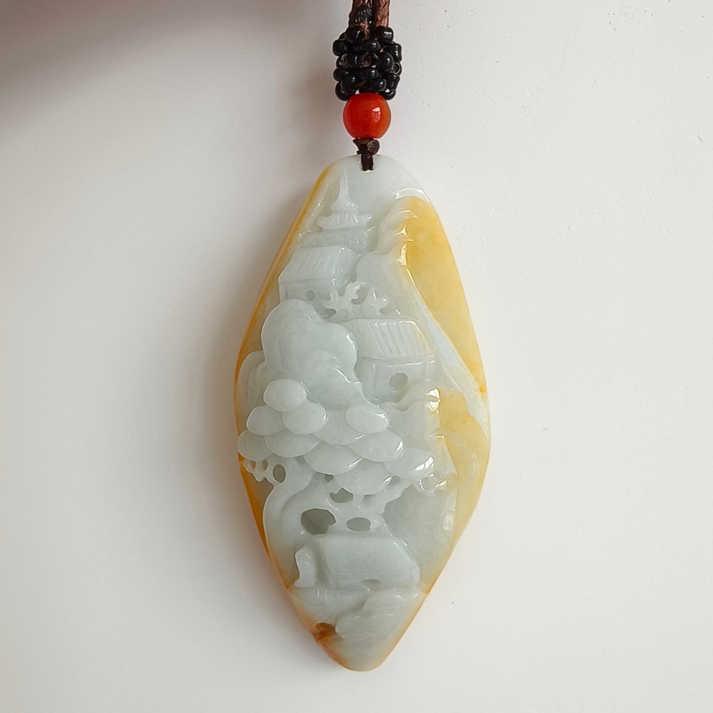 DDP | 69.4X33X14mm Natural Certificated Hand Carved Yellow Color Heated Burmese Jadeite Diamond Pendant With Landscape Carved,DIY Jewelry Supplies